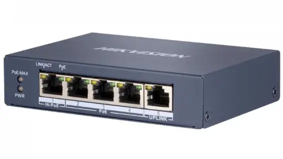 Switch cu 4 porturi PoE, Hikvision DS-3E0505HP-E, 60 W, 1 port RJ45 gigabit, carcasa metalica