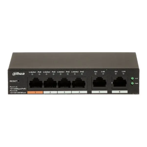 Switch cu 6 porturi Dahua CS4006-4ET-60, 4 porturi PoE 10/100 Mbps, 2 porturi uplink Gigabit, cu cloud management