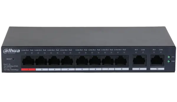 Switch Dahua cu management, 8x porturi PoE 10/100 Mbps si 2x RJ-45 10/100/1000 Mbps (uplink), CS4010-8GT-110