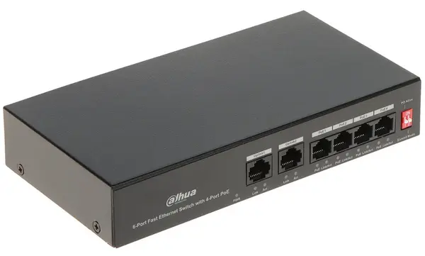 Switch Dahua Eco Series PFS3006-4ET-36, 6 porturi, 4x PoE 10/100Mbps, 2x uplink 10/100Mbps, 36W, Watchdog