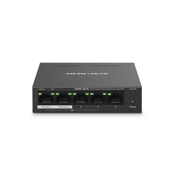 Switch desktop Mercusys MS105GP, PoE, 5 porturi Gigabit, Negru