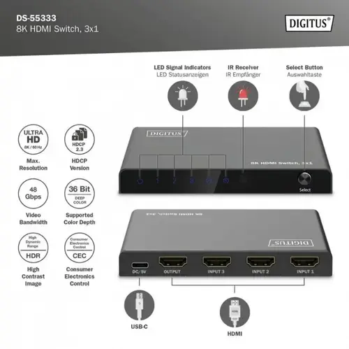 Switch HDMI 8K, Digitus DS-55333, 3 x HDMI, Negru