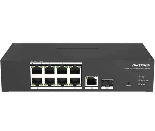Switch Hikvision cu management, 8 porturi PoE 10/100 Mbps, 110W, 1 port Gigabit RJ45, 1 port SFP, IP40, DS-3T1310P-SI/HS