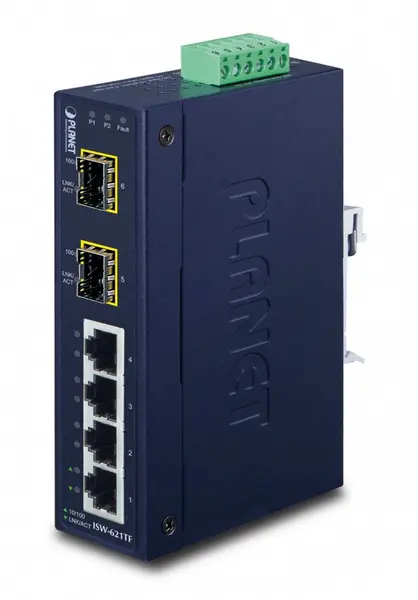 Switch industrial Ethernet PLANET, 4x10/100Mb RJ45, 2x100Base-FX SFP, IP30, montaj DIN, alimentare redundanta 12-48VDC, -40-75C, ISW-621TF