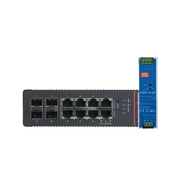 Switch industrial Hikvision DS-3T1512HP-SI-8P4F, 8 porturi PoE, 10/100/1000 Mbps, 4 SFP Gigabit, buget PoE 300W, sina DIN, cu management si sursa de alimentare 76.8 W