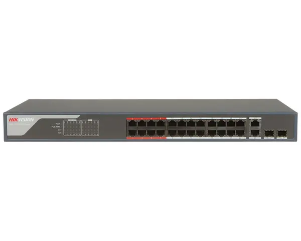 Switch PoE 28 porturi, Hikvision DS-3E1326P-EI, 24x RJ45 PoE 100 Mbps, 2x uplink Gigabit, 2x porturi SFP, 370 W, SMART Management