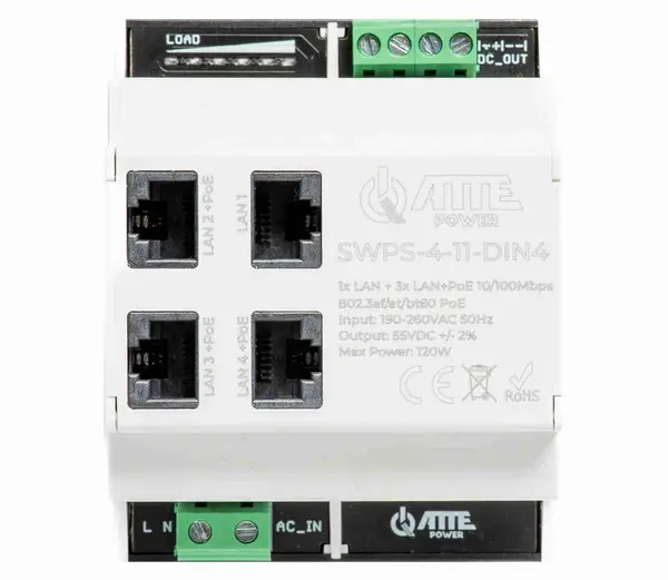 Switch PoE Atte Power SWPS-4-11-DIN4, 4 porturi RJ45, 3xPoE, 1x uplink, 120W, montare sina TH35