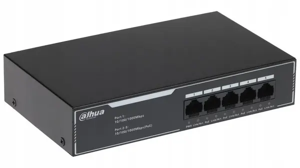 Switch PoE Dahua, 5 porturi Gigabit, 4 porturi PoE, 30W/port, buget PoE 36W, unmanaged, Plug & Play, SG1005LP
