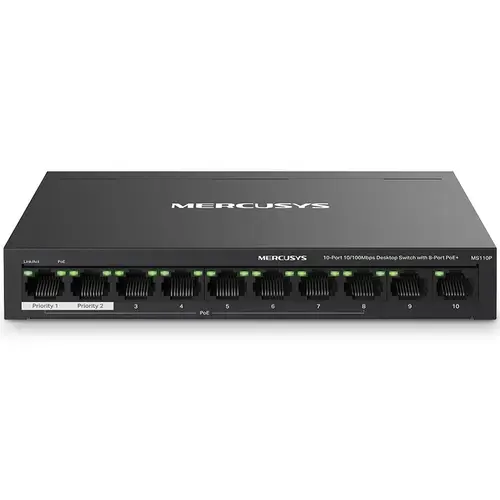 Switch PoE Desktop Mercusys MS110GP, 10 porturi 10/100Mbps (dintre care 8 porturi PoE+) , carcasa metalica (Negru)