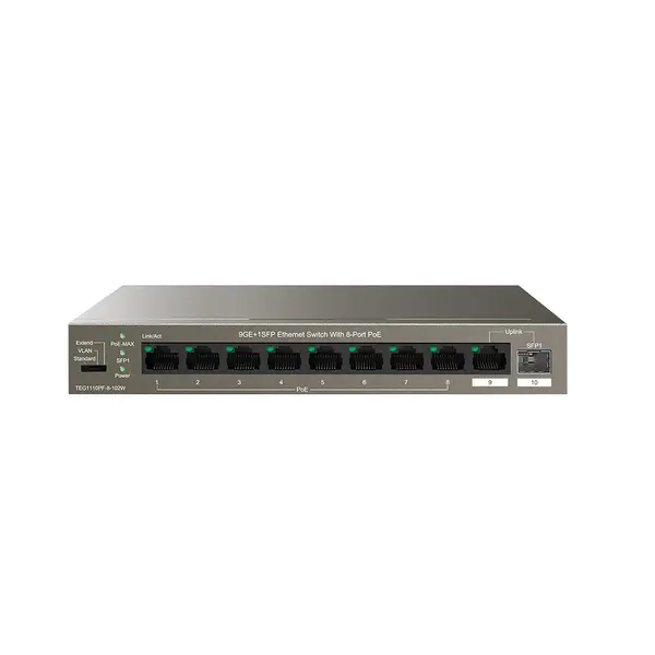 Switch PoE Gigabit cu 10 porturi Tenda TEG1110PF-8-102W, 8 porturi PoE, buget 92 W, 1x SFP, 20 Gbps, fara management