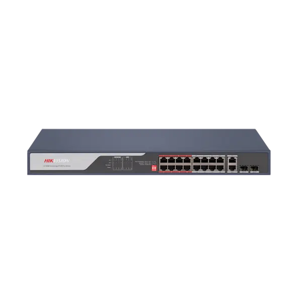Switch PoE Hikvision, 16 porturi PoE 10/100 Mbps, 2 porturi combo Gigabit, buget PoE 225W, Long Range 300m, PoE Watchdog, DS-3E0318P-E(C)