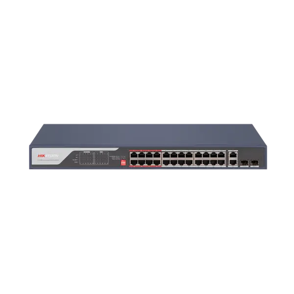 Switch PoE Hikvision, 24 porturi PoE 10/100 Mbps, 2 porturi combo Gigabit, buget PoE 370W, Long Range 300m, PoE Watchdog, DS-3E0326P-E(C)