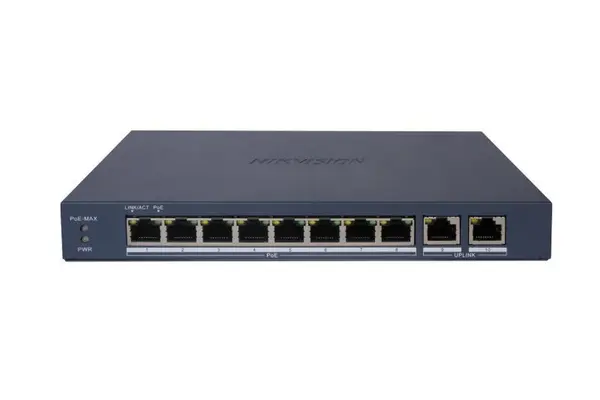 Switch PoE Hikvision DS-3E1510P-EI/M(B), 8 porturi PoE, 2 porturi RJ45, transmisie PoE 300m, Watchdog, 6kV