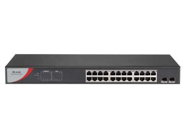 Switch PoE HiLook NS-0526P-225(B), fara management, 24 porturi Gigabit, 2 SFP, protectie 6KV, buget 225W, carcasa metal