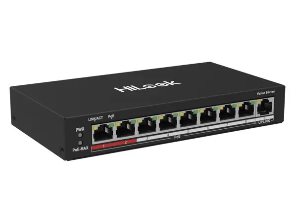 Switch PoE pentru supraveghere IP HiLook NS-0109P-60(B), 8 porturi Fast Ethernet PoE, 1 port RJ45, 60 W, 802.3af/at, 250 m, fara management