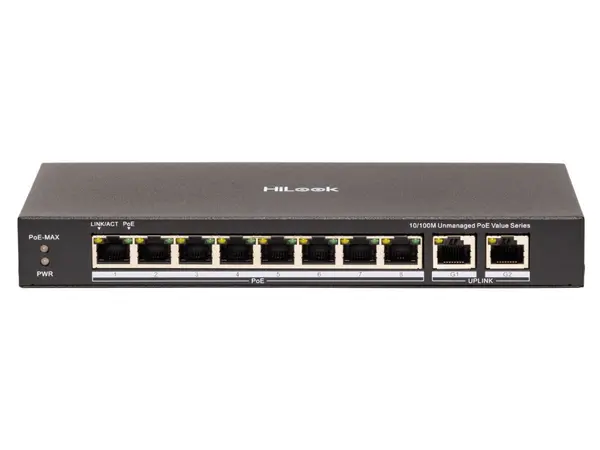 Switch PoE pentru supraveghere IP HiLook NS-0310P-80(B), 8 porturi Fast Ethernet PoE, 2 porturi RJ45 Gigabit, 80 W, 802.3af/at, 300 m, fara management