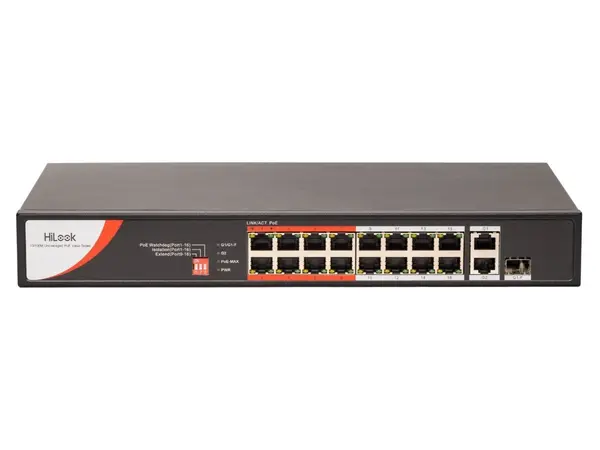 Switch PoE pentru supraveghere IP HiLook NS-0318P-130(C), 16 porturi Fast Ethernet PoE, 1xRJ45 Gigabit, 1xRJ45/SFP combo, 130 W, fara management