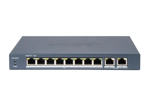 Switch PoE smart Hikvision, 8 porturi PoE 10/100Mbps, 2 uplink Gigabit, buget PoE 110W, Long Range 300m, VLAN, DS-3E1310P-EI(B)