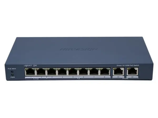 Switch PoE smart Hikvision DS-3E1310HP-EI(B), 8xFast Ethernet PoE, 2xGigabit uplink, 110W, PoE 300m, protectie supratensiune 6kV