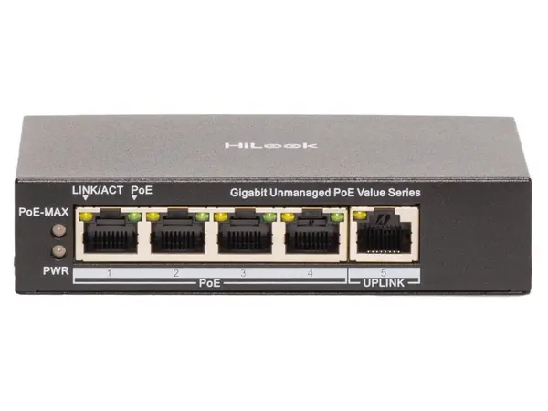 Switch PoE supraveghere HiLook NS-0505P-45(B), 4 porturi Gigabit PoE, 1 uplink Gigabit, buget 45W, PoE 30W/port, protectie 6 kV, fara ventilator