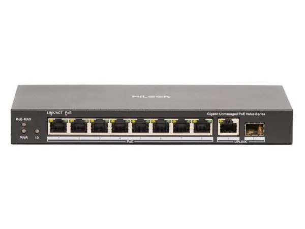 Switch PoE supraveghere IP HiLook NS-0510P-80(B), 8 porturi Gigabit, 1xRJ45, 1xSFP, 80W, fara management, protectie 6kV, fara ventilator