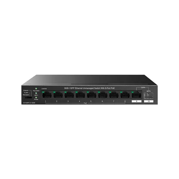 Switch PoE Tenda TND-TEG1110PF-8-120W, 8 porturi PoE+ 1Gbps, 1 port RJ45 uplink, 1 port SFP, 110W, VLAN, Extend 250m, 20Gbps