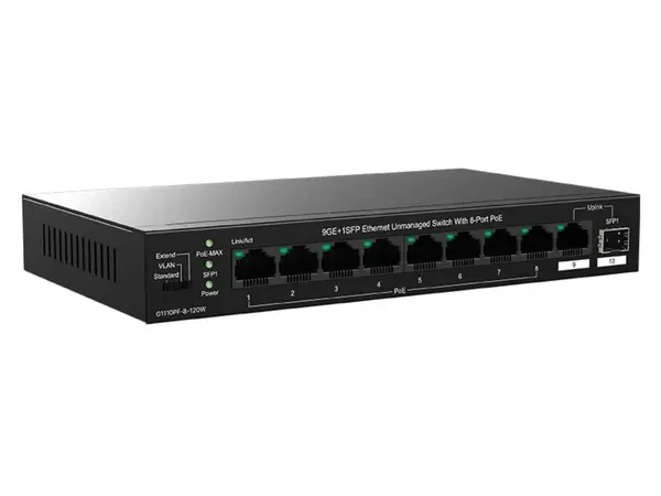 Switch PoE Tenda TND-TEG1110PF-8-120W, 8 porturi PoE+ 1Gbps, 1 port RJ45 uplink, 1 port SFP, 110W, VLAN, Extend 250m, 20Gbps