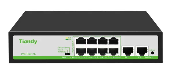 Switch PoE Tiandy TC-P3S010-H0820AT90, 8 porturi PoE, 2 porturi RJ45, 90W, 5.6Gbps, protectie supratensiune