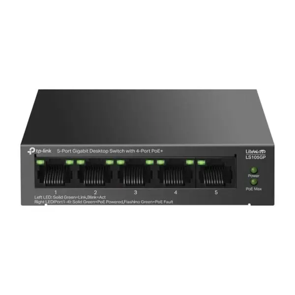 Switch PoE TP-Link Desktop LS105GP, 5 porturi, 10/100/1000Mbps PoE+ , 65W buget PoE
