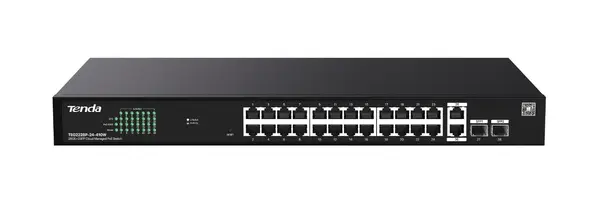Switch retea PoE+ Tenda TND-TEG2228P-24-410W, 24 porturi PoE+, 370W, 2 SFP, Gigabit, protectie 6KV, management cloud