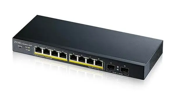 Switch retea Zyxel GS1900-10HP-EU0102F, 10 porturi, 8x Gigabit PoE+ si 2x SFP, buget PoE 77W, Layer 2, management inteligent