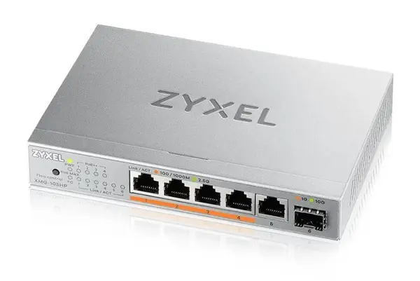 Switch retea Zyxel XMG-105HP-EU0101F, 5 porturi 2.5G, 1x SFP+ 10G, 4x PoE++ 60W, buget PoE 70W, fara management si ventilator