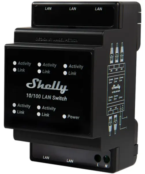 Switch Shelly - LAN, 5x RJ45, șină DIN, negru