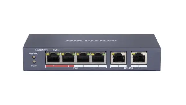 Switch smart cu 4 porturi PoE Hikvision, 10/100Mbps, 2x uplink, 2000 MAC, fara management - DS-3E0106P-E/M(B)