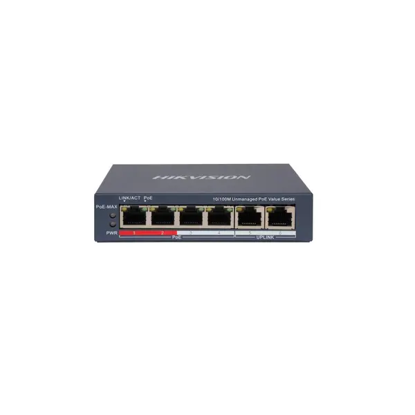 Switch smart cu 4 porturi PoE Hikvision DS-3E0106P-E/M(B), 10/100Mbps, 2x uplink, 2000 MAC, fara management