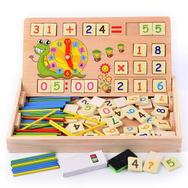 Tabla educativa din lemn 2 in 1 - Scris, desen si invatare matematica pentru copii
