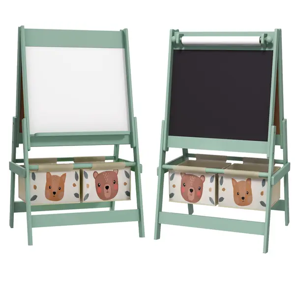 Tablă pentru copii 3 în 1 AIYAPLAY cu 2 containere, șevalet de artă din lemn pentru copii 3-8 ani, 54x46,5x93cm, de culoare verde | Aosom Romania