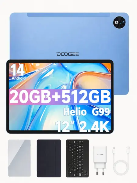 Tableta DOOGEE T40 Pro VIP, Albastru, 4G LTE, 12 2.4K IPS, 20GB RAM (8GB + 12GB extensibili), 512GB, Helio G99, 10800mAh, 33W, Android 14, Dual SIM