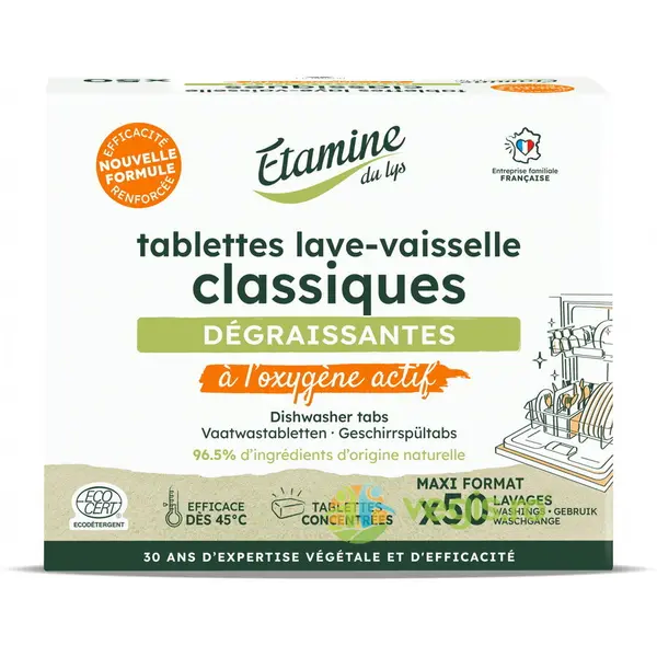 Tablete Clasice Eco pentru Masina de Spalat Vase cu Oxigen Activ fara Parfum 50buc