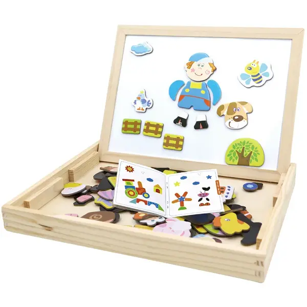 Tablita magnetica educativa din lemn 3 in 1 - puzzle cu jocuri logice pentru copii