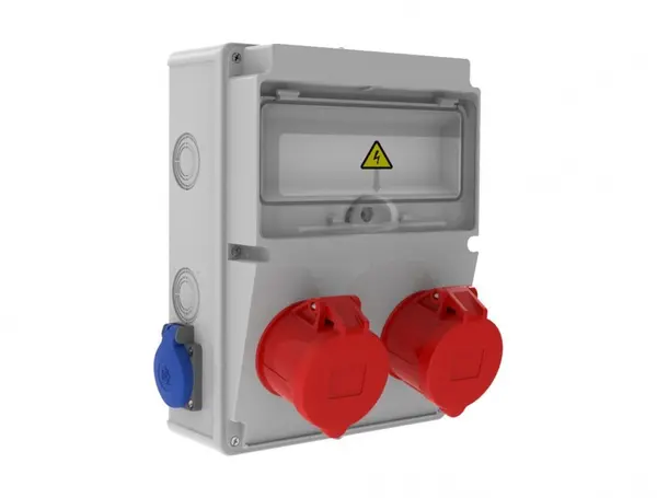 tablou electric bemis bd2-2228-2020, aparent, ip44, 210x300x122 mm, abs, gri, 2 prize 4/32a 380v, 2 prize 1/16a 220v, ip44