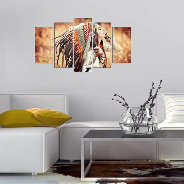 Tablou MDF ( 5 buc ) Amerindieni Frumoasa, Multicolor, 60x110 cm