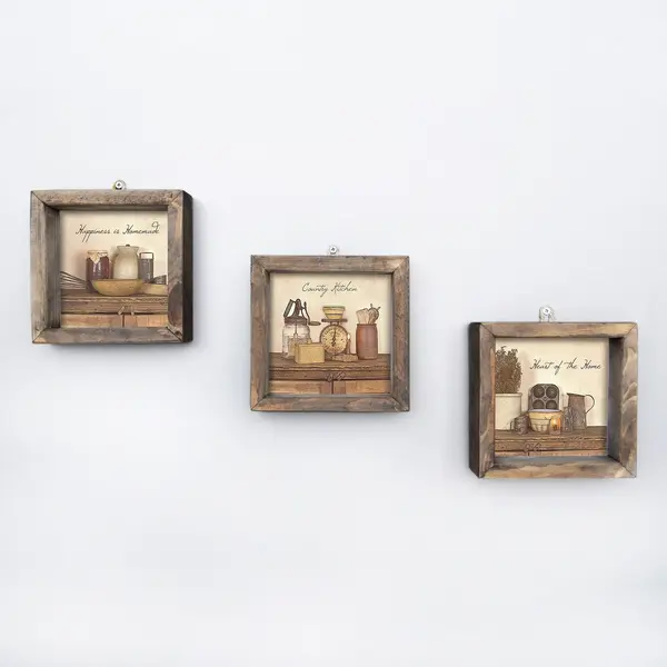 Tablou MDF cu rame Bucatarie Quotes, 3 bucăți, Multicolor, 15x15 cm