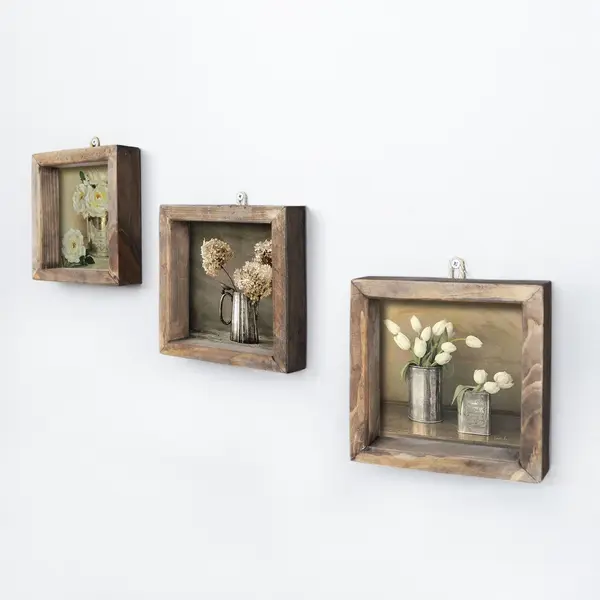 Tablou MDF cu rame Flori Primavara, 3 bucăți, Multicolor, 15x15 cm
