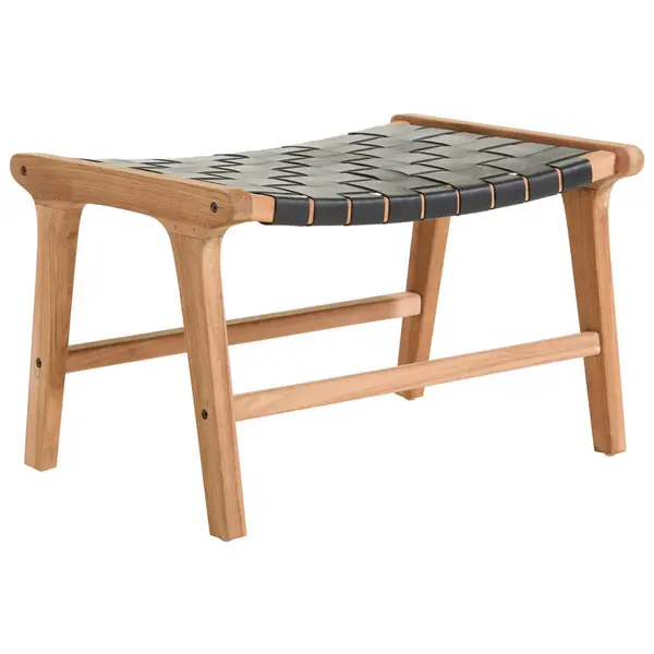 Taburet din piele, lemn, negru, culoare natur