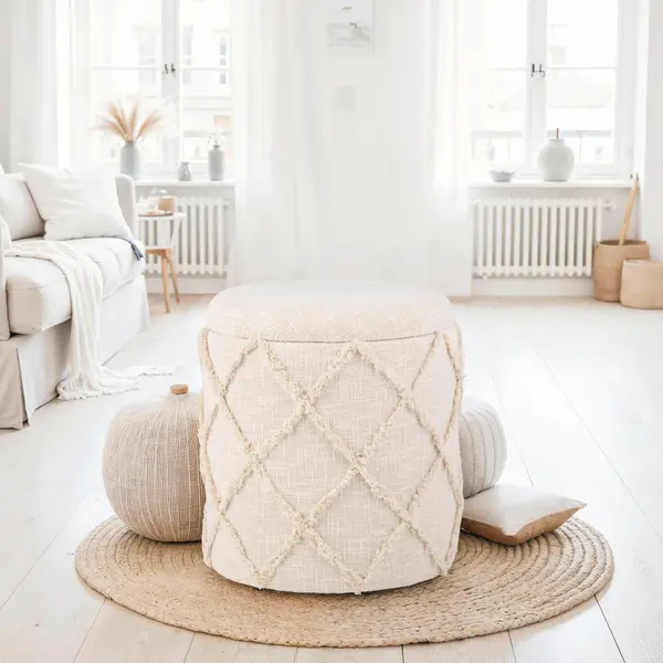 Taburet din textil, crem