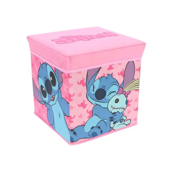 Taburet Pliabil cu Spatiu de Depozitare, Tip Cutie, Roz, Sarcina Maxima 80 kg, 30x30x30 cm, Stitch Engros