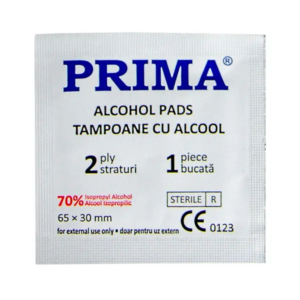 Tampoane impregnate cu alcool, PRIMA, 100 bucati, 6.5 x 3 cm, sterile