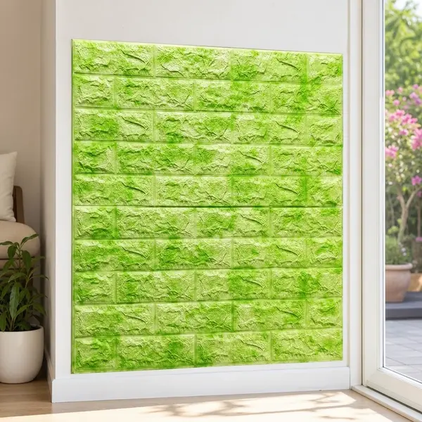 Tapet 3D caramida Verde cu alb auto-adeziv pentru interior, 70 x 77 cm