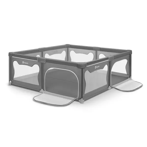 Tarc de joaca copii, Lionelo, Willow XL,180 x 200 cm, Pliere compacta, Include geanta de transport, Din plasa, Cu doua intrari laterale si fermoar, Cu ventuze pentru stabilitate, Conform cu EN 12227:2010, Gri, Resigilat